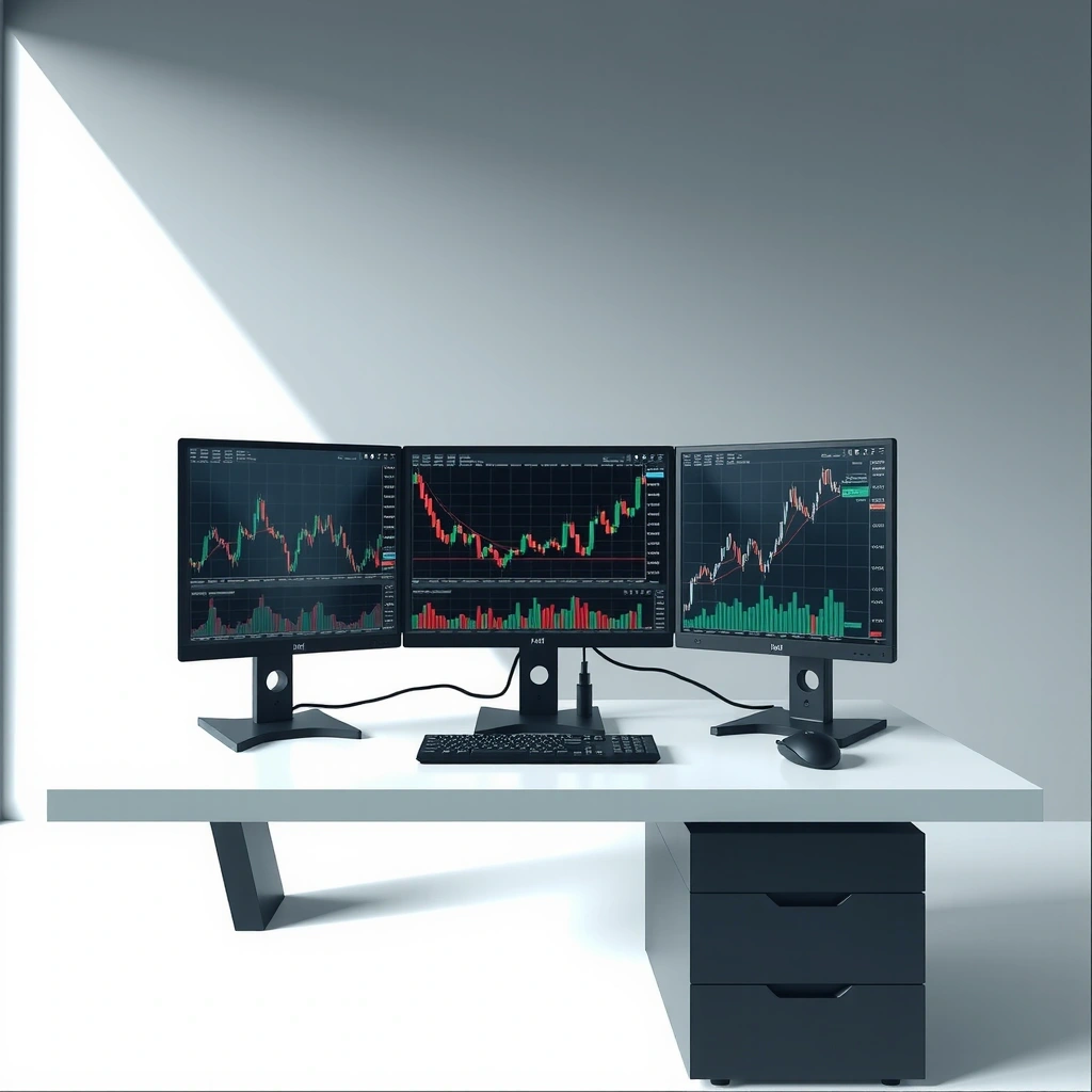 Trader profesional trabajando con múltiples pantallas mostrando gráficos de trading, análisis técnico y interfaces gamificadas en ambiente moderno y tecnológico